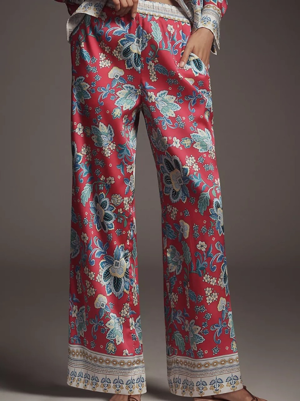 NWOT Anthropologie Maeve Printed Pull-On Pants Red Floral Jacobean Size M